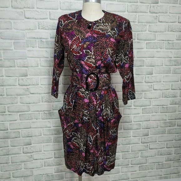 Vintage Dresses & Skirts - Vintage 80s 90s Cimmaron‎ Womens S Abstract Button Front Dress W/ Belt Geeky
